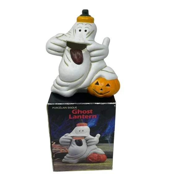 Vintage Ceramic Porcelain Bisque Halloween Ghost Lantern‎ Tealight Candle Holder