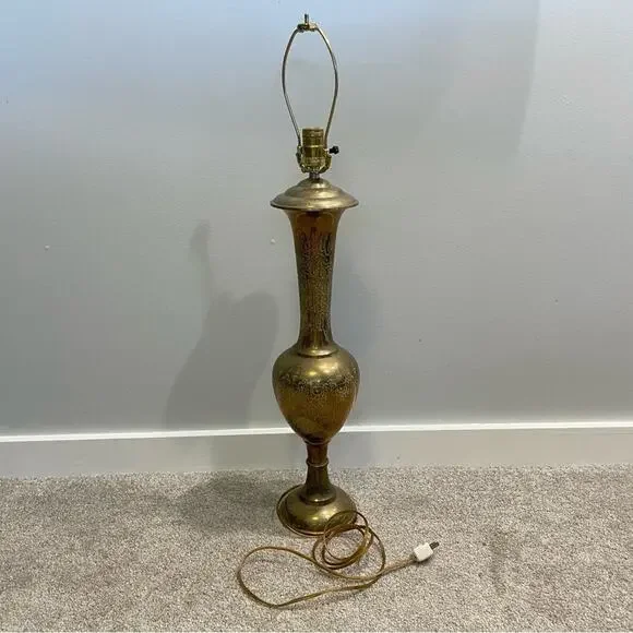 Vintage | Soild Brass Tall Etched Bohemian Boho Lamp MCM Stunning Working Light