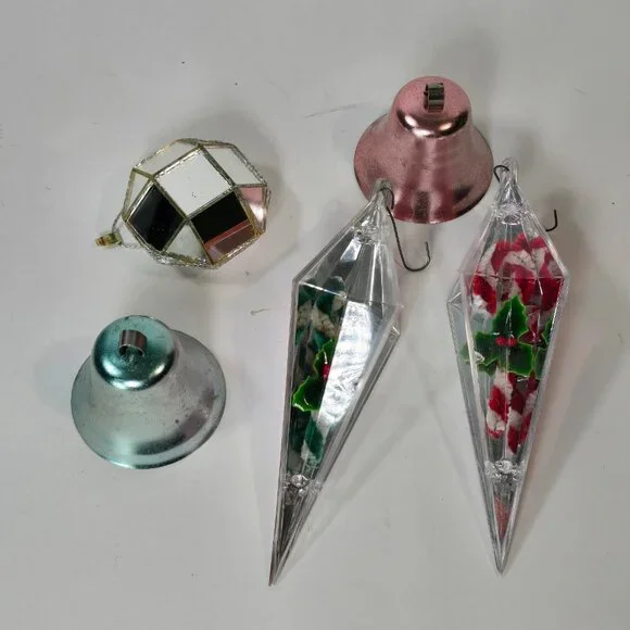 VTG Christmas Ornaments Lot Aluminum Bells Plastic Icicles Mirrored Ball 50s 60s