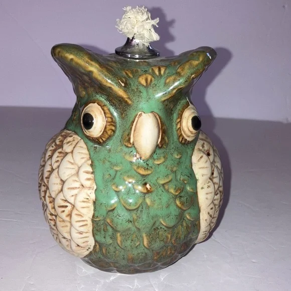 Whimsical Green and Cream Owl‎ Oil Lamp 5”