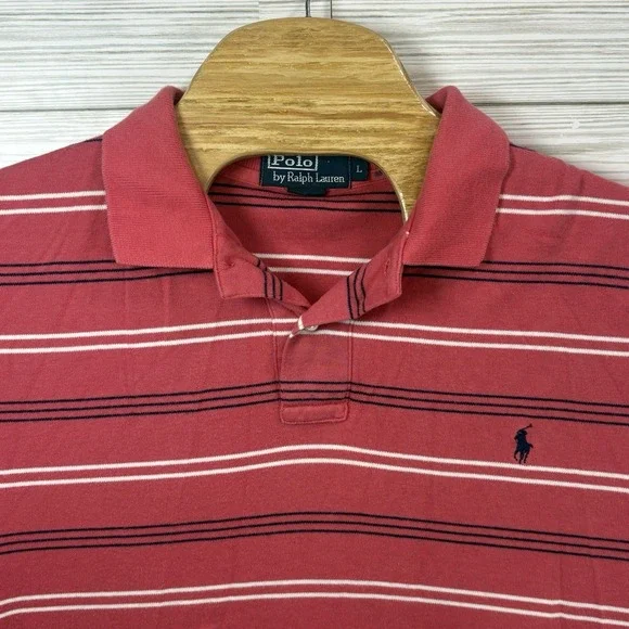 Polo Ralph Lauren Men's Golf Polo Shirt‎ Red White Black Stripe Cotton Sz Lg