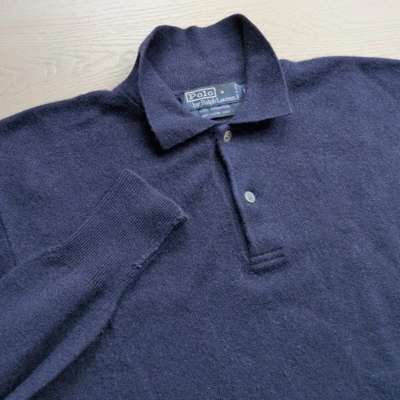 Vintage Polo Ralph Lauren Polo Shirt Mens M Navy Blue 100% Cashmere Long Sleeve