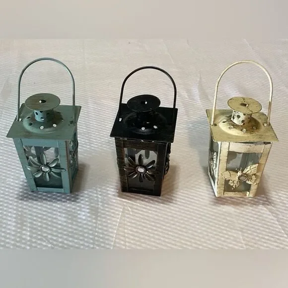 Pier 1 Black, Sage and Cream Mini Floral & Butterfly Lanterns with Rhinestones