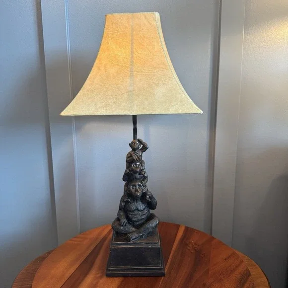 Vintage Monkey Stack Table Lamp Resin Safari Jungle Faux Leather Shade 21