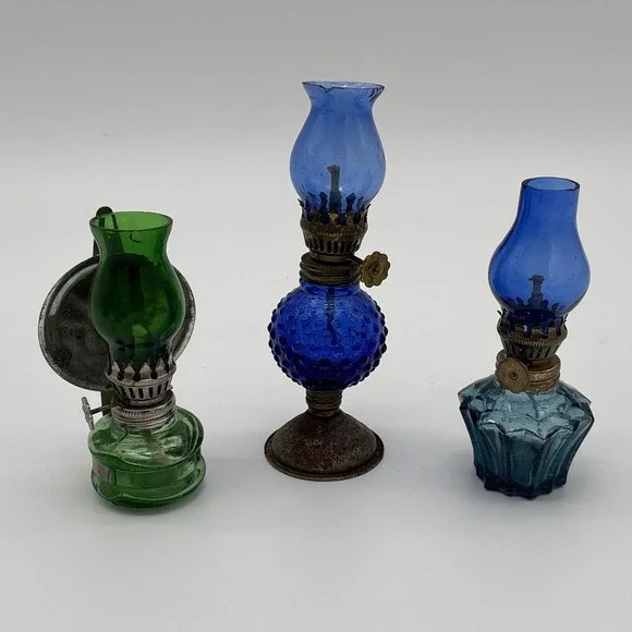 Vintage Miniature Colored Glass Oil Lamps Set Cobalt Hobnail Green Blue Lot of 3