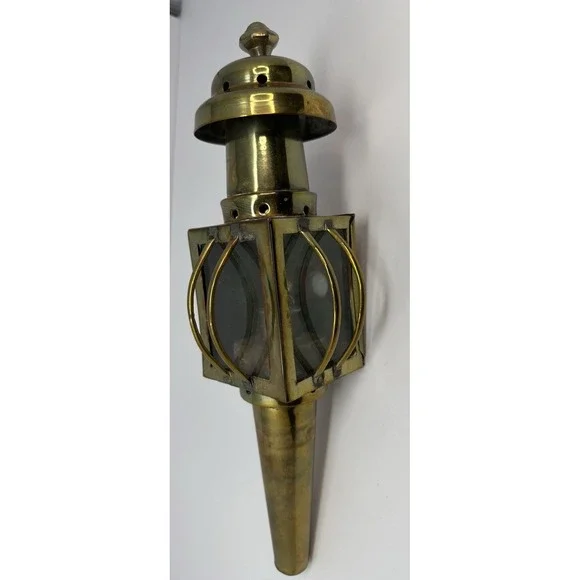 Antique Brass Beveled Glass Buggy Carriage Oil Lamp Lantern Coach Light