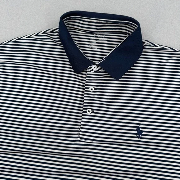 Polo Ralph Lauren Performance Short Sleeve Polo Mens L Navy Blue Striped Preppy