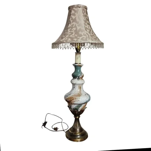 Mid Century Antique Marble Table Lamp W/ Beaded VictorianShade Brass Base Urn