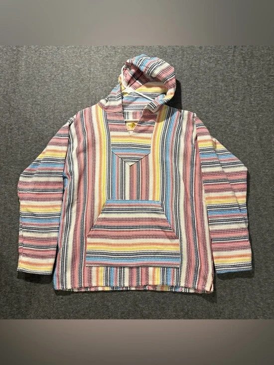 Earth Ragz Baja Pinstripe Hoodie Pullover Mens Unisex M colorful pink soft Aztec