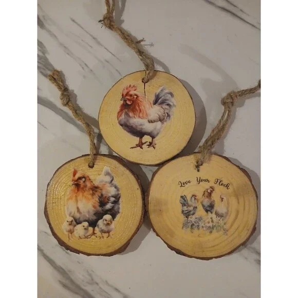Handmade Woodslice Chicken Ornaments Primitive Cottage Rustic Holiday Gift