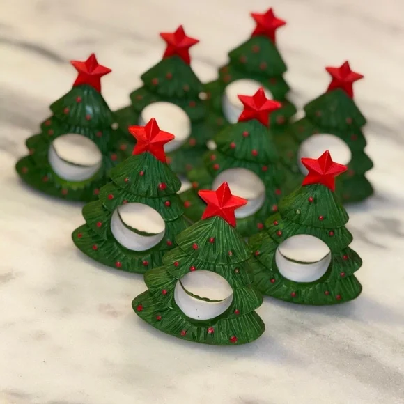 Festive Set of 8 Hand Painted Green Christmas Tree Napkin Rings with Red Stars