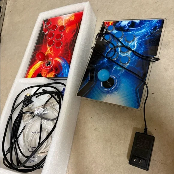 Dual Arcade Fight Stick Controllers - Red & Blue Graphic Panels