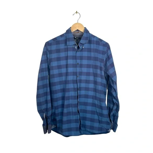 Ted Baker Men’s Check Collared Button Down Shirt in Blue Size 4 (L)