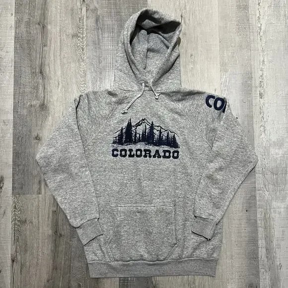 VTG 70s/80s Flock Print Grey Colorado Pull Over Spell Out Mountain Travel Hoodie
