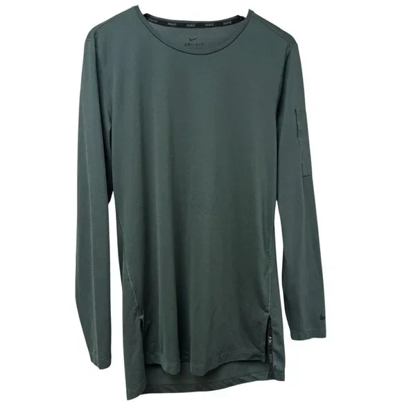 NIKE Dri Fit Running Shirt Mens Medium Olive Green Long Sleeve Cargo Pocket