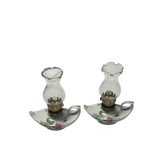 Vtg Mini Hurricane Aladdin Genie Oil Lamp Set (2) White Ceramic Rose Flowers