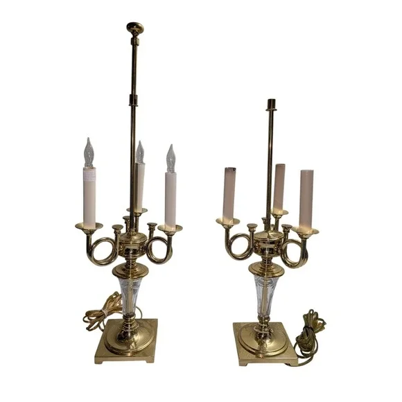 Waterford‎ Overture Fine Cut Crystal and Brass 3-Arm Table Lamp Pair Mint