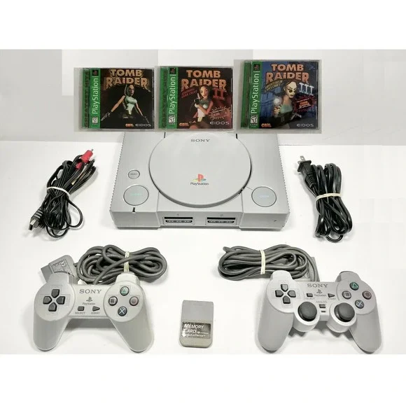 Sony PlayStation 1 PS1 Console TOMB RAIDER 1-2-3 & 2 Controllers & Game Bundle