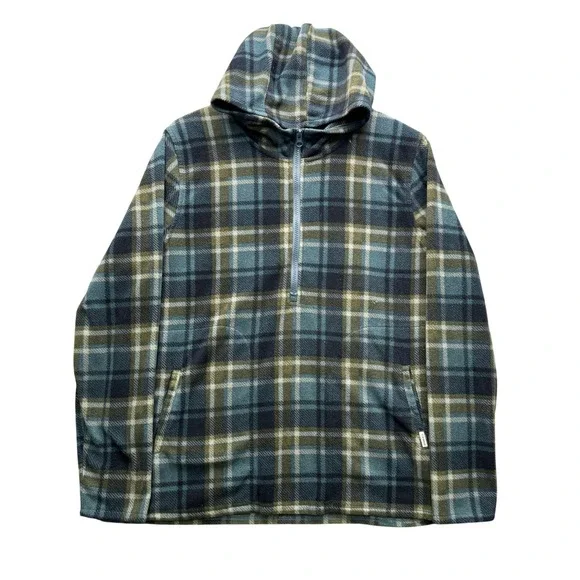 O'Neill Plaid Fleece Hoodie Mens Large Blue Green Quarter Zip Outdoor Fleece