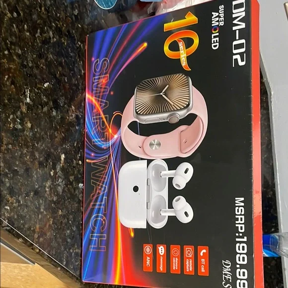 Smartwatch with Pink Band and White Earbuds