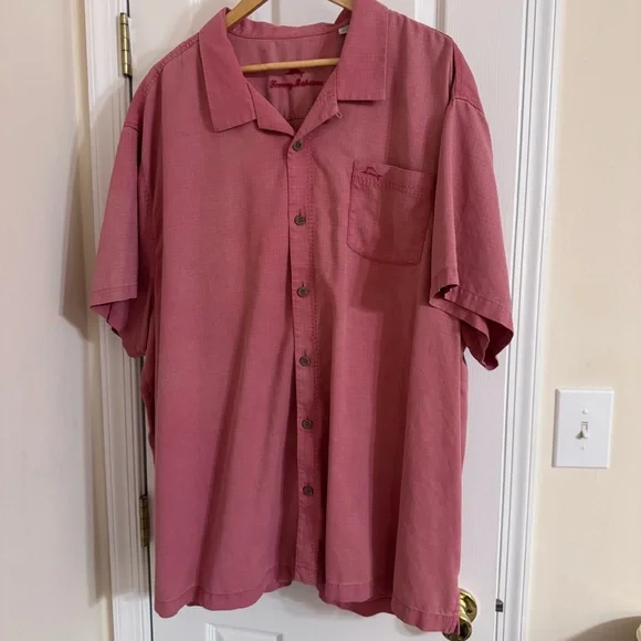 Tommy Bahama Silk Camp Shirt Solid Red Jacquard Checkered Textured Men's 3XL
