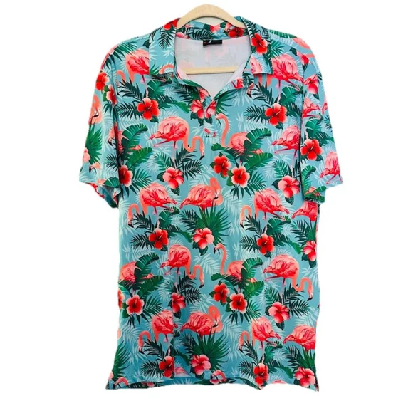 Yatta‎ Golf Pau Hana Polo Shirt Floral Flamingo Mens Medium Short Sleeve