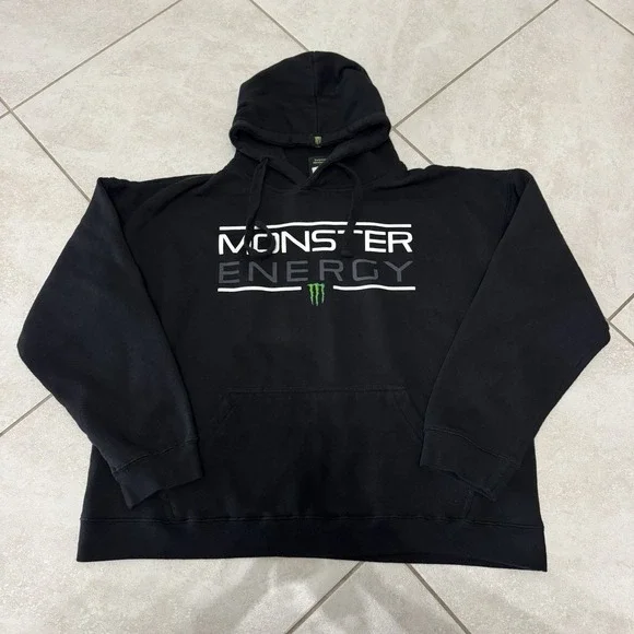 Monster‎ Energy Hoodie Mens L Black Spell Out Boxy Fit Sweatshirt Drawstring
