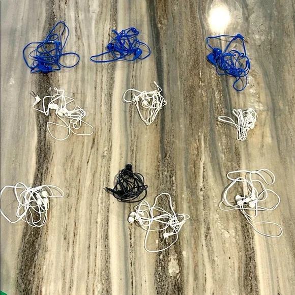 10 Wired Earphones - Black, White, and Blue plug in