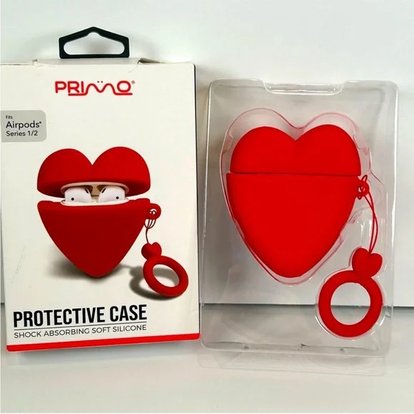 Apple AirPods White Wireless Earbuds Case and red heart plastic silicone cover