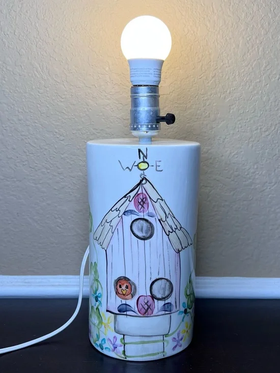 Vintage Ceramic Birdhouse Lamp, Folk Art Cottagecore Table Lamp