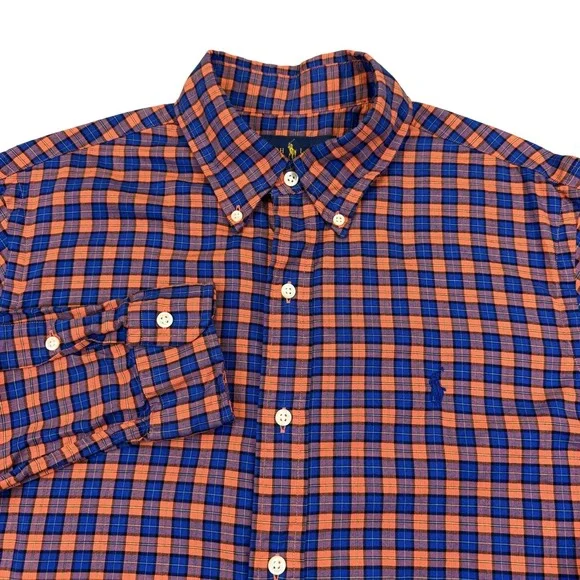 Ralph Lauren Shirt Mens Medium Blue Orange Check Button Down Long Sleeve Cotton