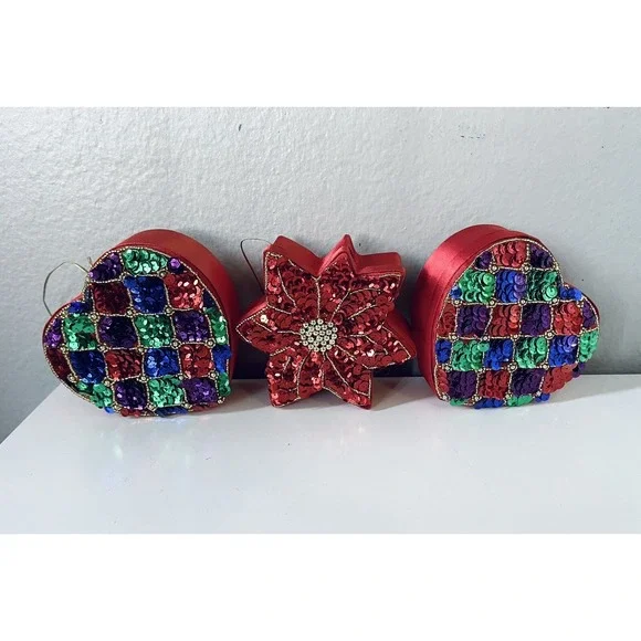 3 Vintage Beaded Sequined Felt Christmas Jewelry/Ornaments With Loop For Hanging