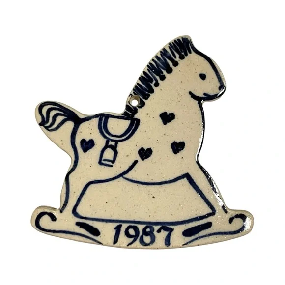 Vintage 1987 Rocking Horse Blue & Cream Color Ceramic Christmas Ornament