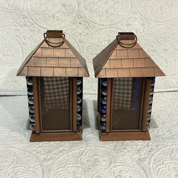 Set of 2‎ Japanese architectural blue glass marble lanterns