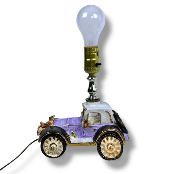 Vintage Ceramic Hand Painted Purple Antique Car Buggy Lamp 