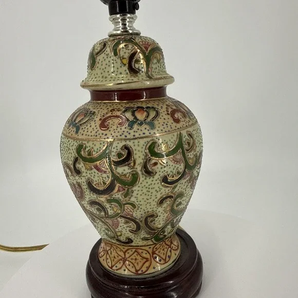 Vtg Asian Satuma Style Ginger Jar‎ Lamp Hand Painted Floral Chinoiserie Enamel