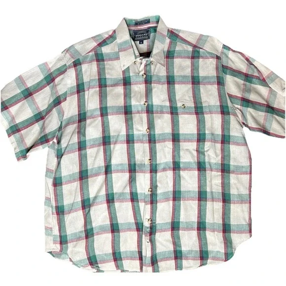 Bogari Studio Mens XL Plaid Linen Blend Button Down Shirt Coastal Resort‎ Summer