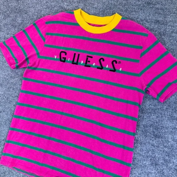 Guess x J Balvin Vibras Tour Striped T-Shirt Mens XS Pink Green Yellow Logo Tee
