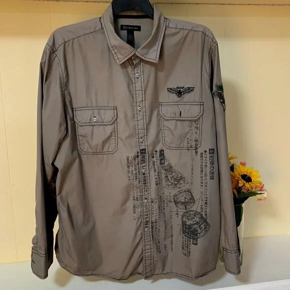Vtg Y2K INC Men's Gray Military Shirt Sz XXL Patches Japanese graphic streetwear