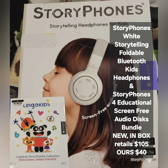 StoryPhones White Foldable Bluetooth Kids Headphones & 4 Ed. Audio Disks Bundle
