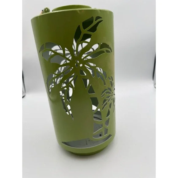 Green Metal Palm Tree Lantern Tropical Coastal Decor with Jute Rope Handle