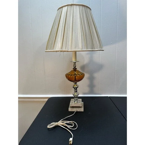 Vintage‎ Amber Glass Table Lamp Marble Base Chrome Metal Pleated Shade 29