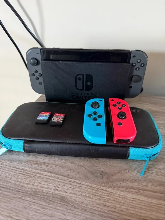 Nintendo Switch with Blue & Red Neon Joy-Con and Carry Case