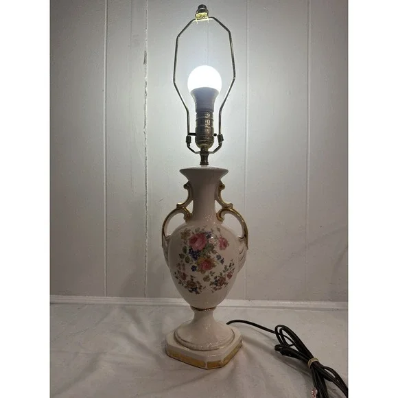 Antique Hand-Painted Porcelain Table Lamp –Floral England Urn Style, Gold Accent