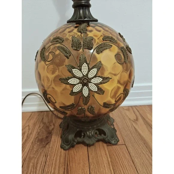 Mid Century Modern Amber Round Glass Table Lamp Leaf Floral Appliqué It Works