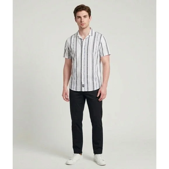 Hollister‎ Mens Short Sleeve Button Down Shirt White Blue Tribal Stripe Large
