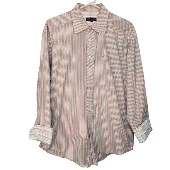 Vintage Ted Baker Tan Blue Striped Spread Collar Button Up Shirt Sz 16.5-34/35
