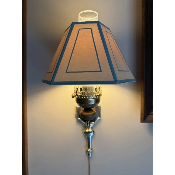 MCM Brass Plug In Sconce Lamp 1960s Atomic Brass Geometric Org Shade Vintage