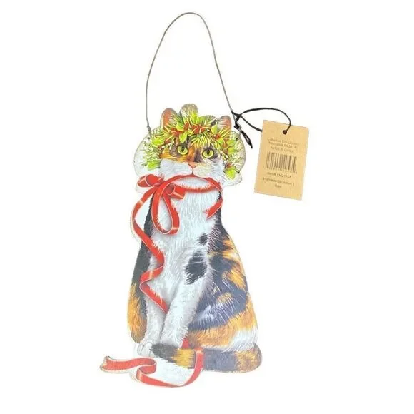 Metal Cat Hanging Ornament Holiday Christmas Vintage Look Distressed