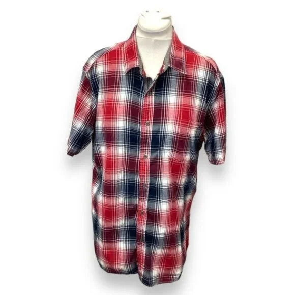 Mens Cactus Madras Plaid Short Sleeve Button-Up Shirt XXL Red & Blue Cotton